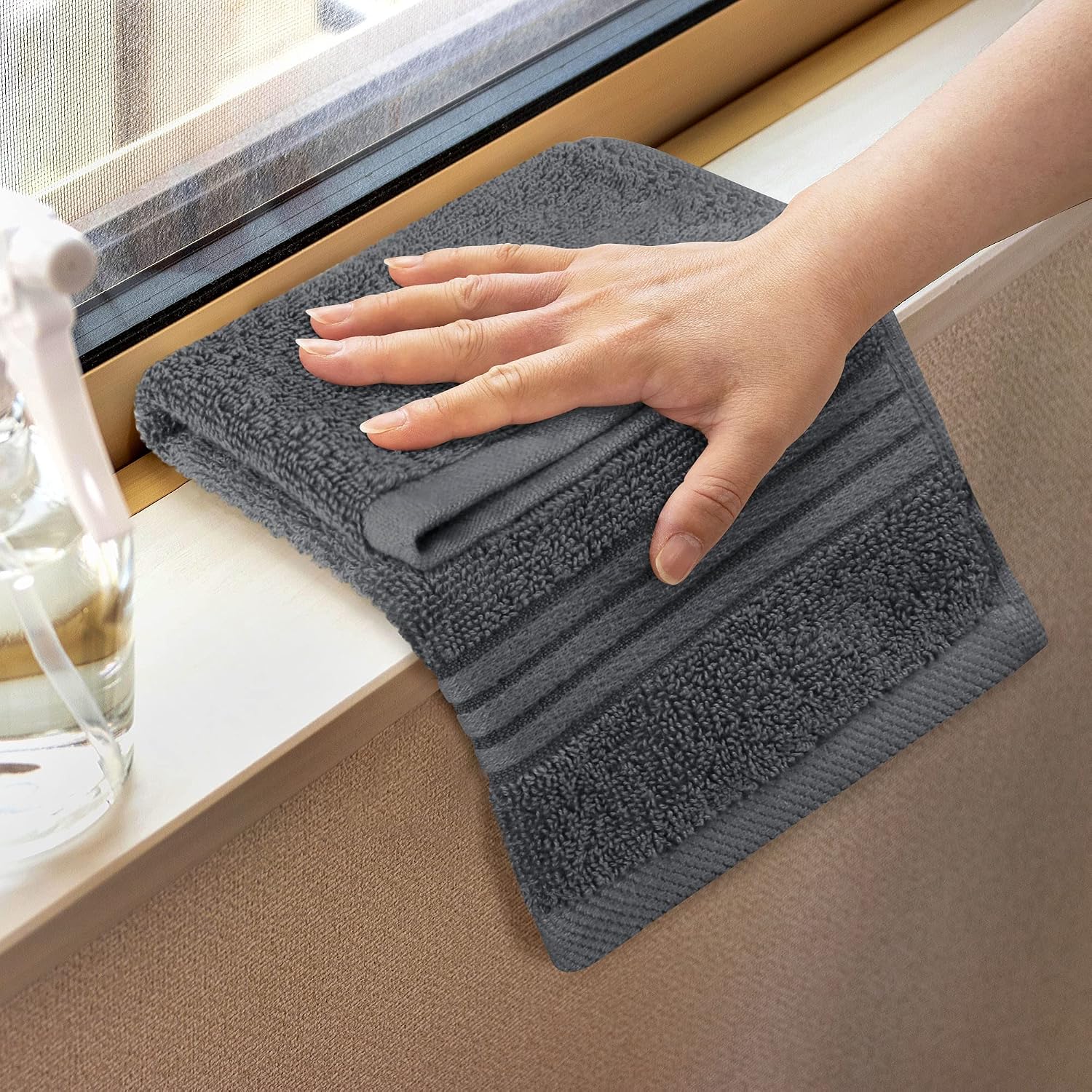 12 Pack Premium Wash Cloths, 12x12 in, 100% Cotton, Grey | Highly Absorbent Soft Feel Lightweight Washcloths