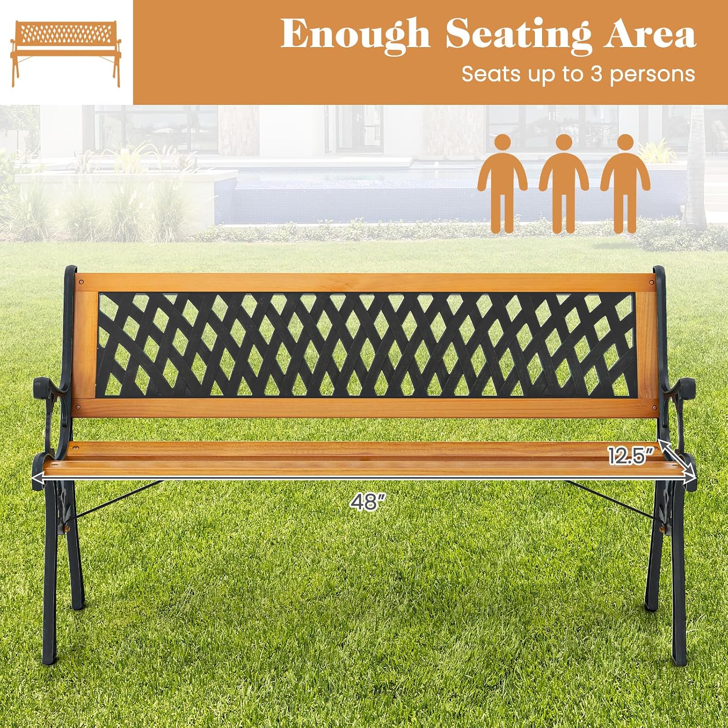 49.5" 3-Person Outdoor Bench with Lattice Pattern Backrest, 470 Lbs Capacity, Slatted Seat, Curved Armrests, Cast