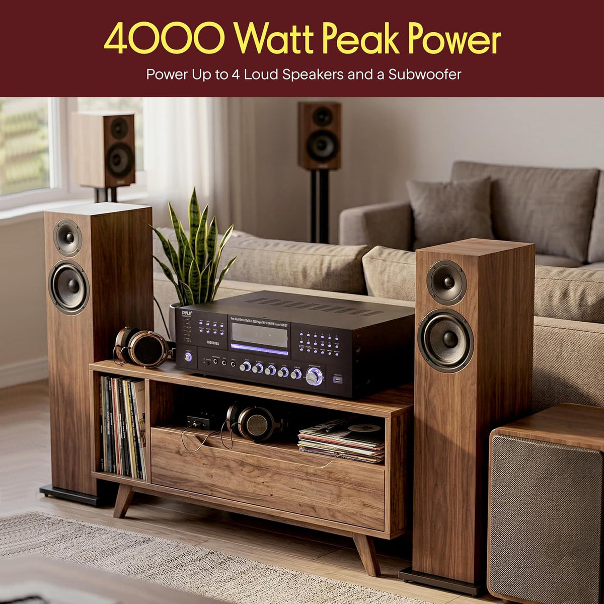4 Channel Bluetooth Home Amplifier - Front Loading DVD/CD Player - 3000W Peak Stereo Receiver - 2 Mic Inputs w/ Echo