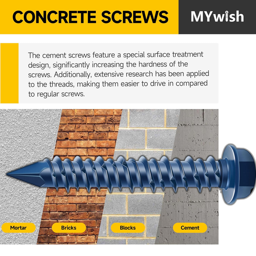30Pcs 1/4 x 1-3/4" Concrete Screws, Slotted Hex Washer Head Stucco Screws Anchor Kit with 3/16 Drill Bit, Masonry