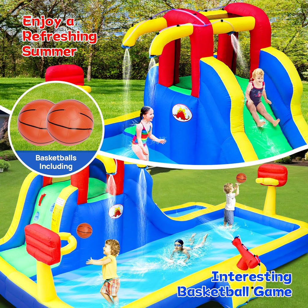 Inflatable Water Park with Blower, Bouncy Castle with Water Cannon and Double Basketball Rings