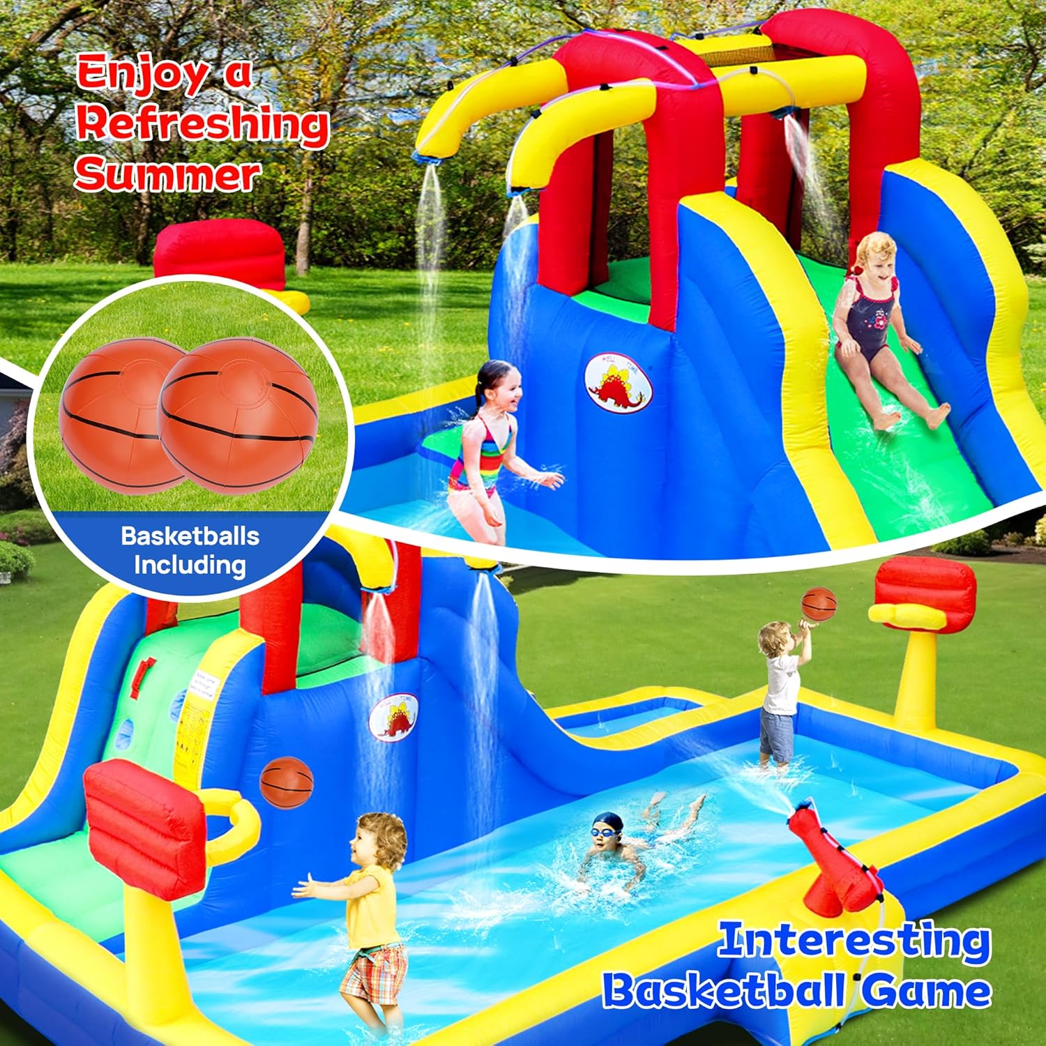 Inflatable Water Park with Blower, Bouncy Castle with Water Cannon and Double Basketball Rings