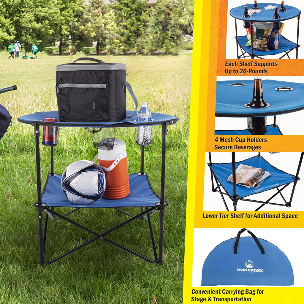 Camp Table - Round 2-Tier Folding Table with 4 Cupholders and Carrying Bag