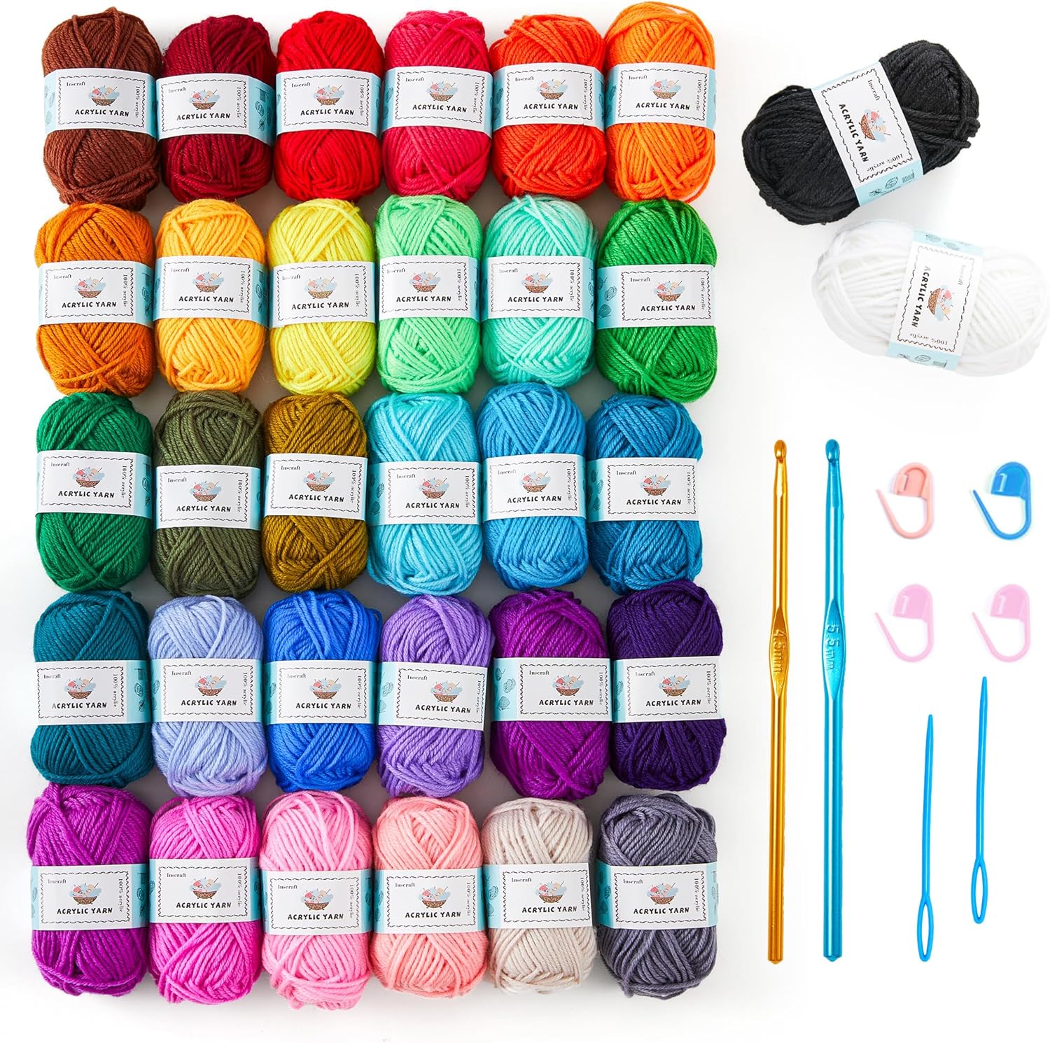 Crochet Yarn Kit for Beginners, 1440 Yards 32 Colors Acrylic Yarn Skeins, 2 Crochet Hooks, 2 Weaving Needles, 4