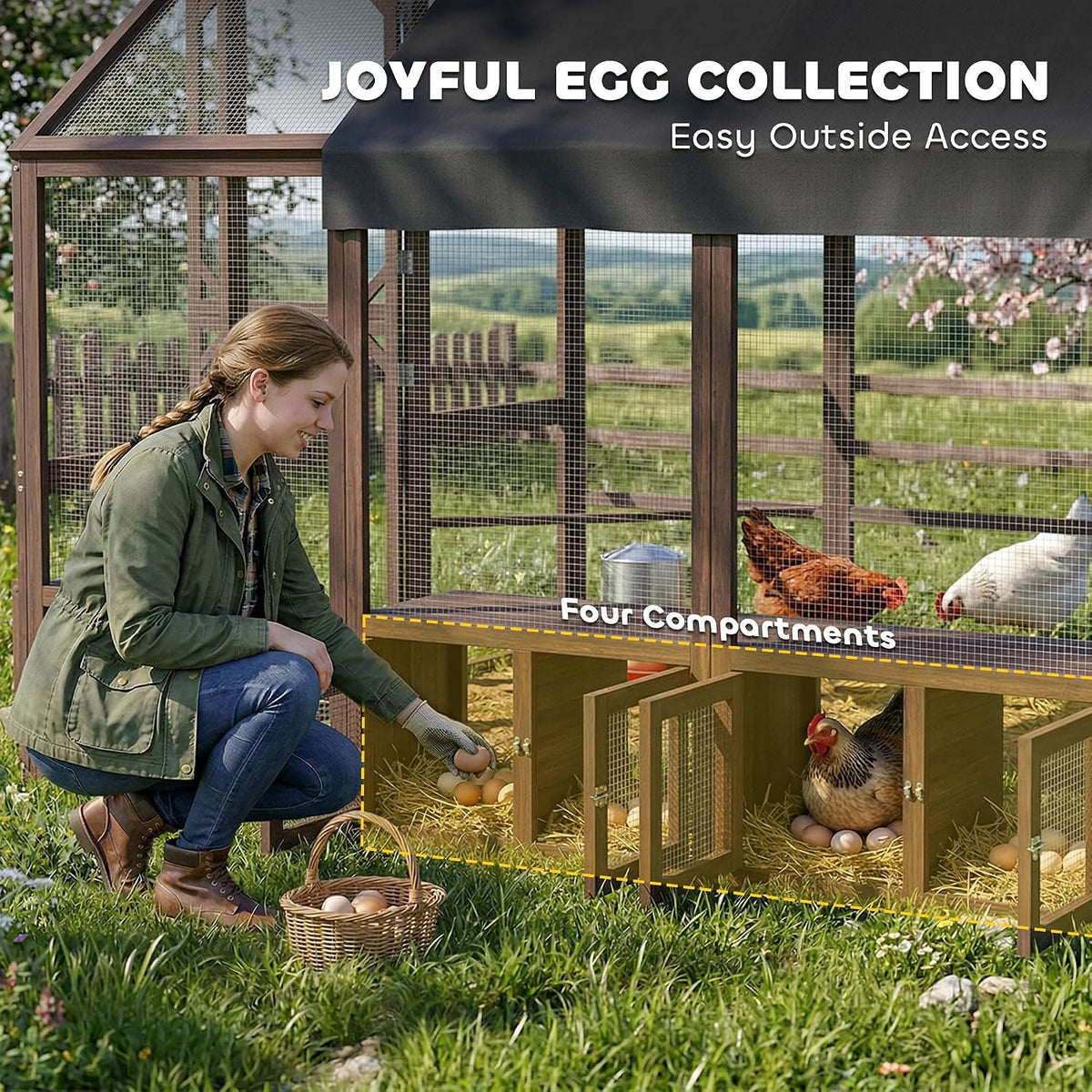 Large Wooden Chicken Coop for 8-10 Hens 83" x 73" x 73" Dark Brown
