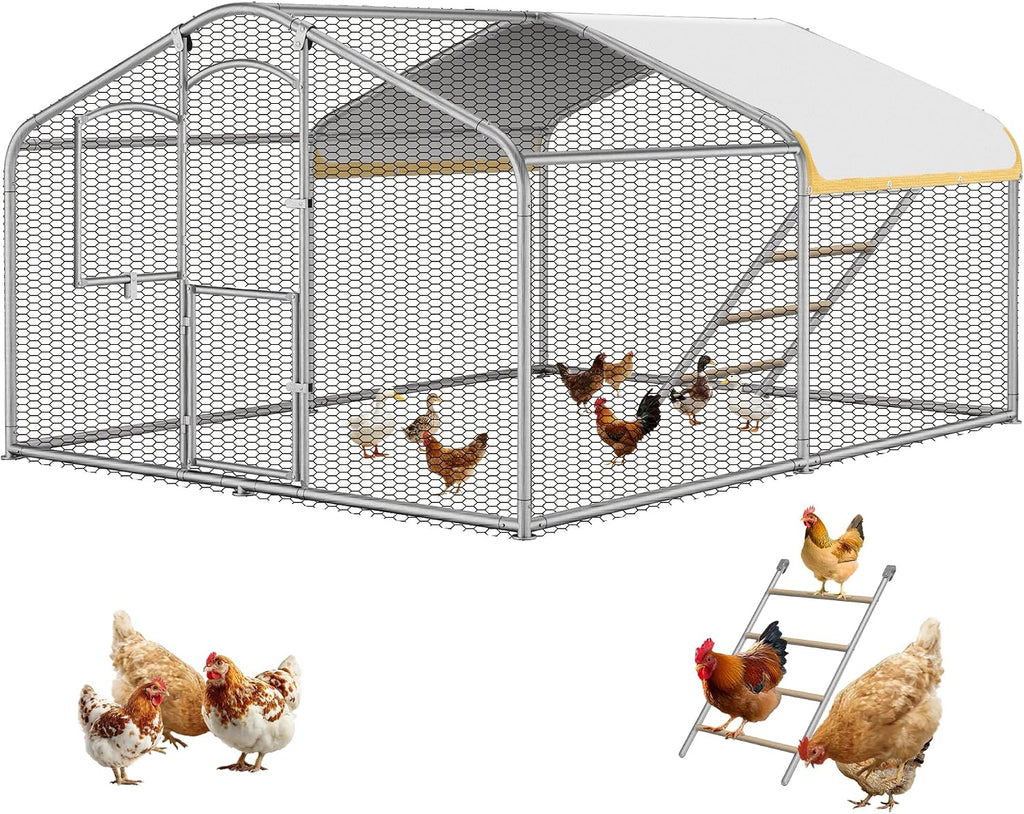 Large Metal Chicken Coop with Run, 12.6FT Walk-in Chicken Run for Yard with Waterproof & Anti-UV Cover, Spire Roof