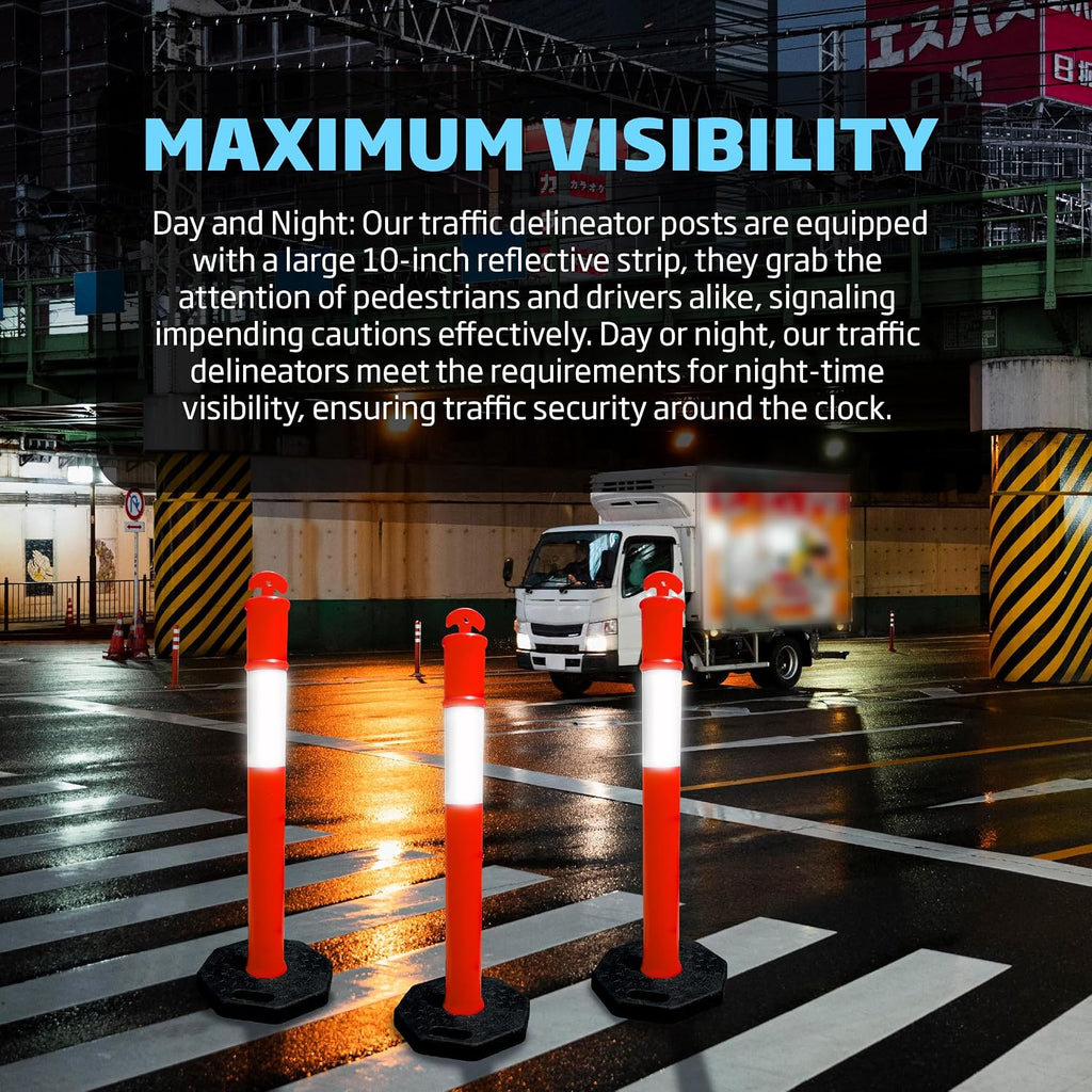 Orange Traffic Delineator Cone 45" Tall Reflective Collar for Safety Barrier with 15" x 15" Rubber Base for Traffic