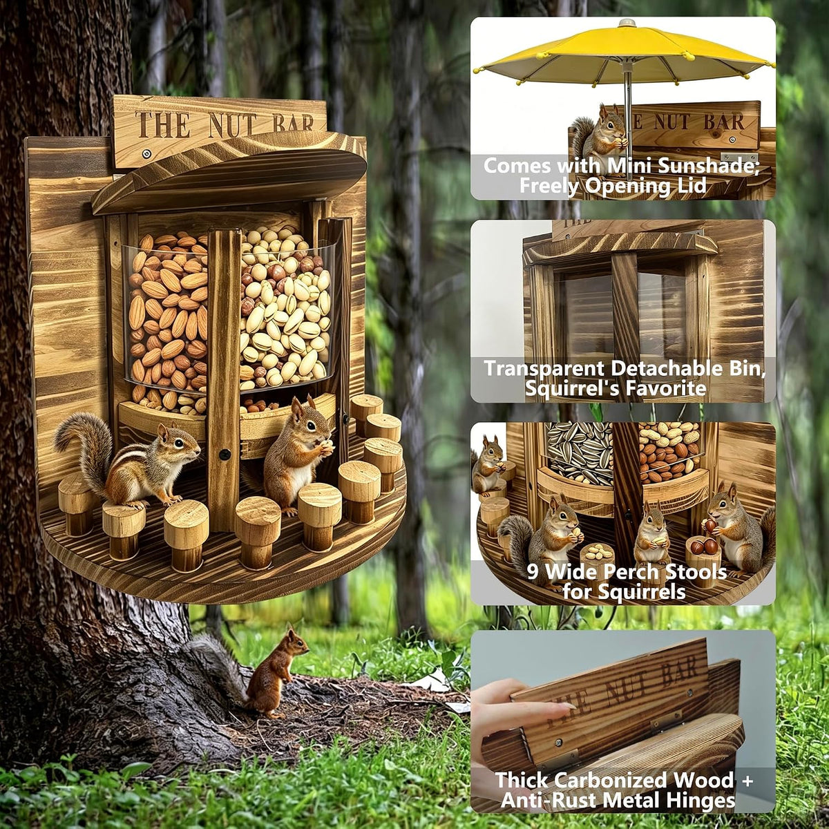 Wooden Squirrel Feeder 'The Nut Bar',Wall or Tree Mount, 13.3x12.6 Inch, Includes Mini Umbrella(Need to Punch Holes