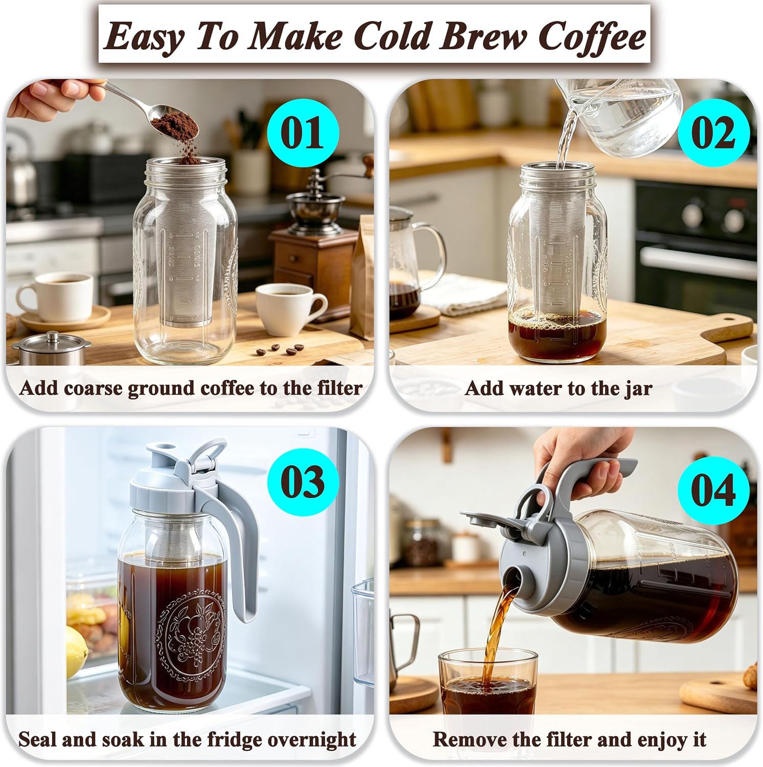 Cold Brew Coffee Maker 64oz Glass Mason Jar Pitcher with Pour Spout Lid | Airtight & Leak-Proof Glass Iced Coffee