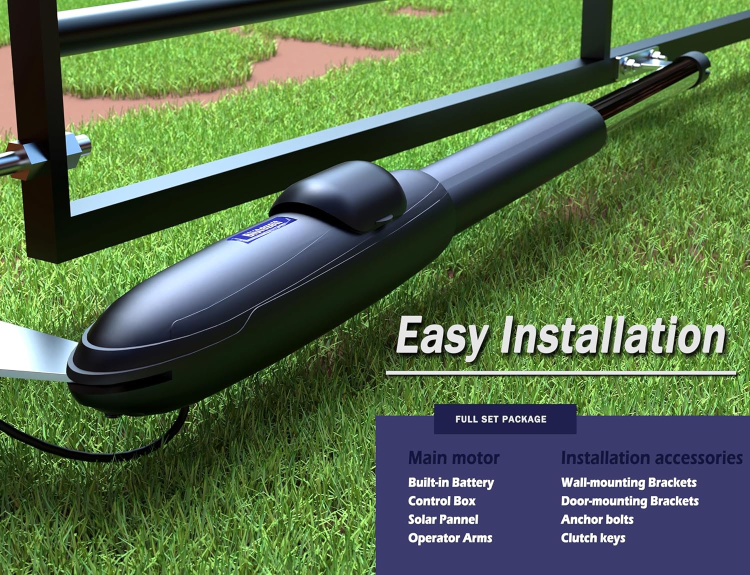 Solar Swing Gate Opener, 1760lb Dual-Arm Operator with Built-in 24V Lithium Battery & 25W Solar Panel, Integrated