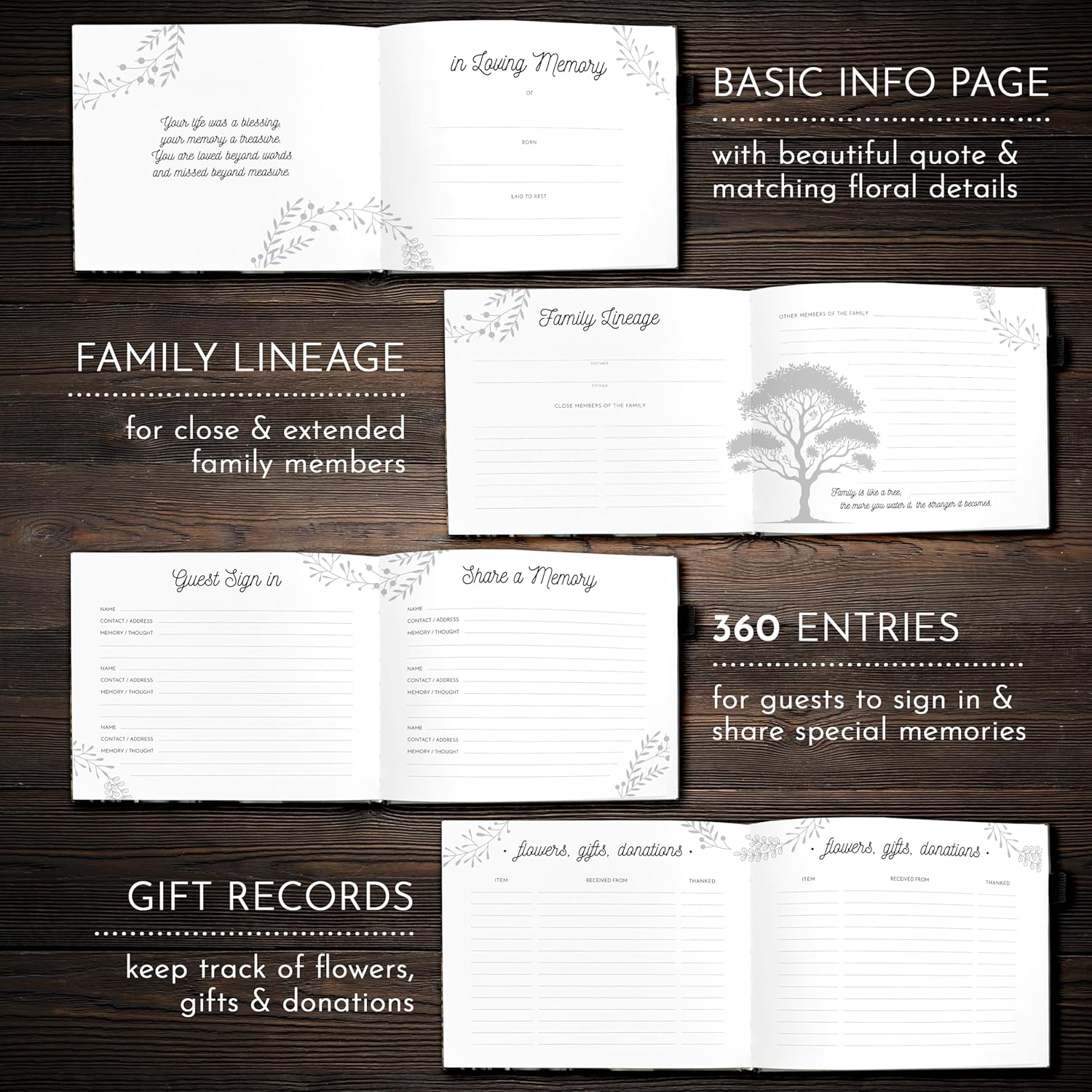Elegant Black Funeral Guest Book, 10 x 8 Inches 120 Pages Guest Book for Funeral, 360 Entries Guest Book for Funeral