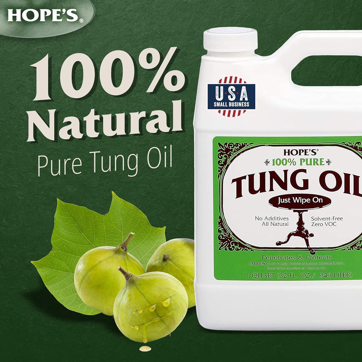 100% Pure Tung Oil, Food Safe, Premium Waterproof Natural Wood Finish and Sealer for Indoor and Outdoor Projects, 32
