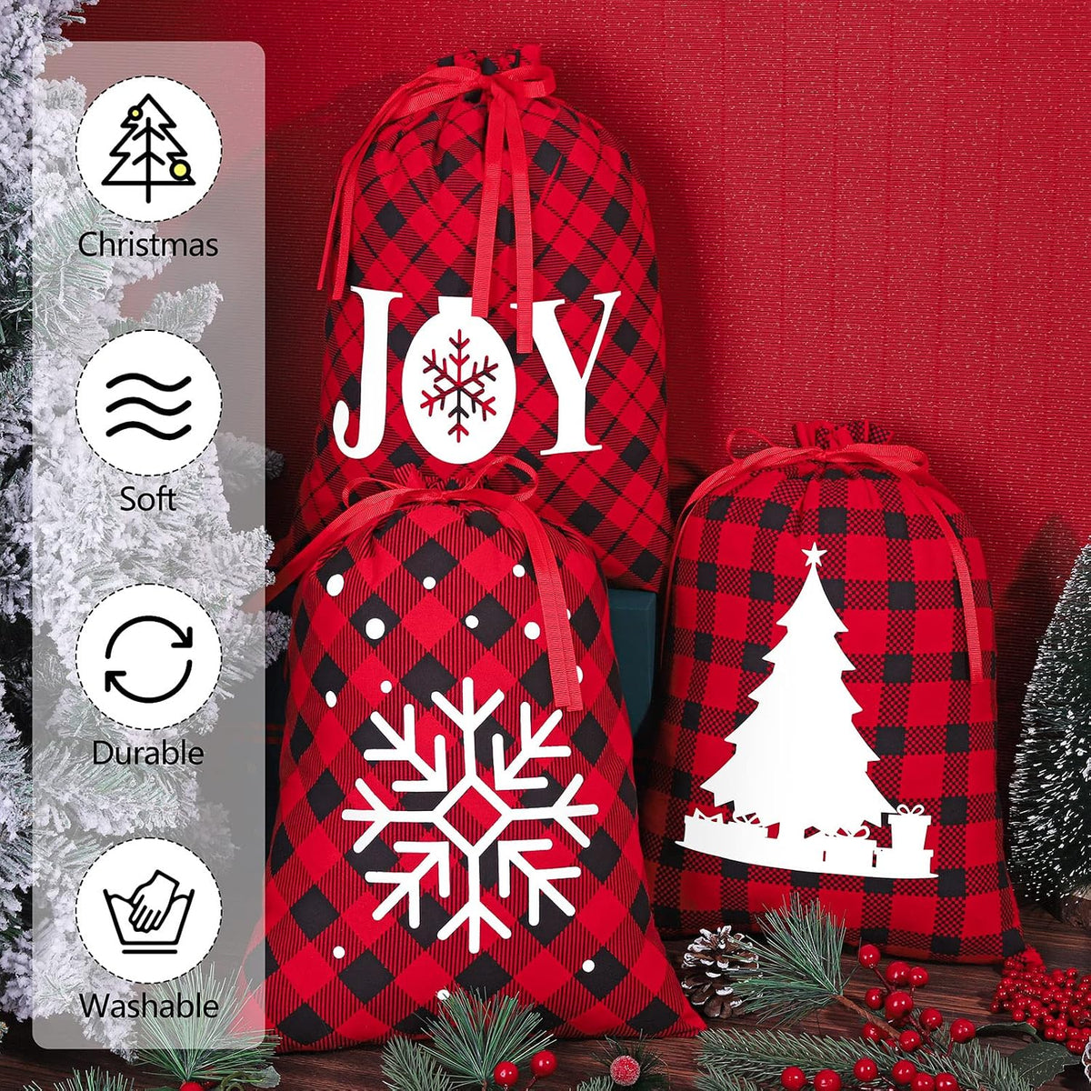 6 Pieces Christmas Drawstring Gift Bags Red and Black Plaid Drawstring Bags with 24 Kraft Paper Tags and 16 Feet Rope