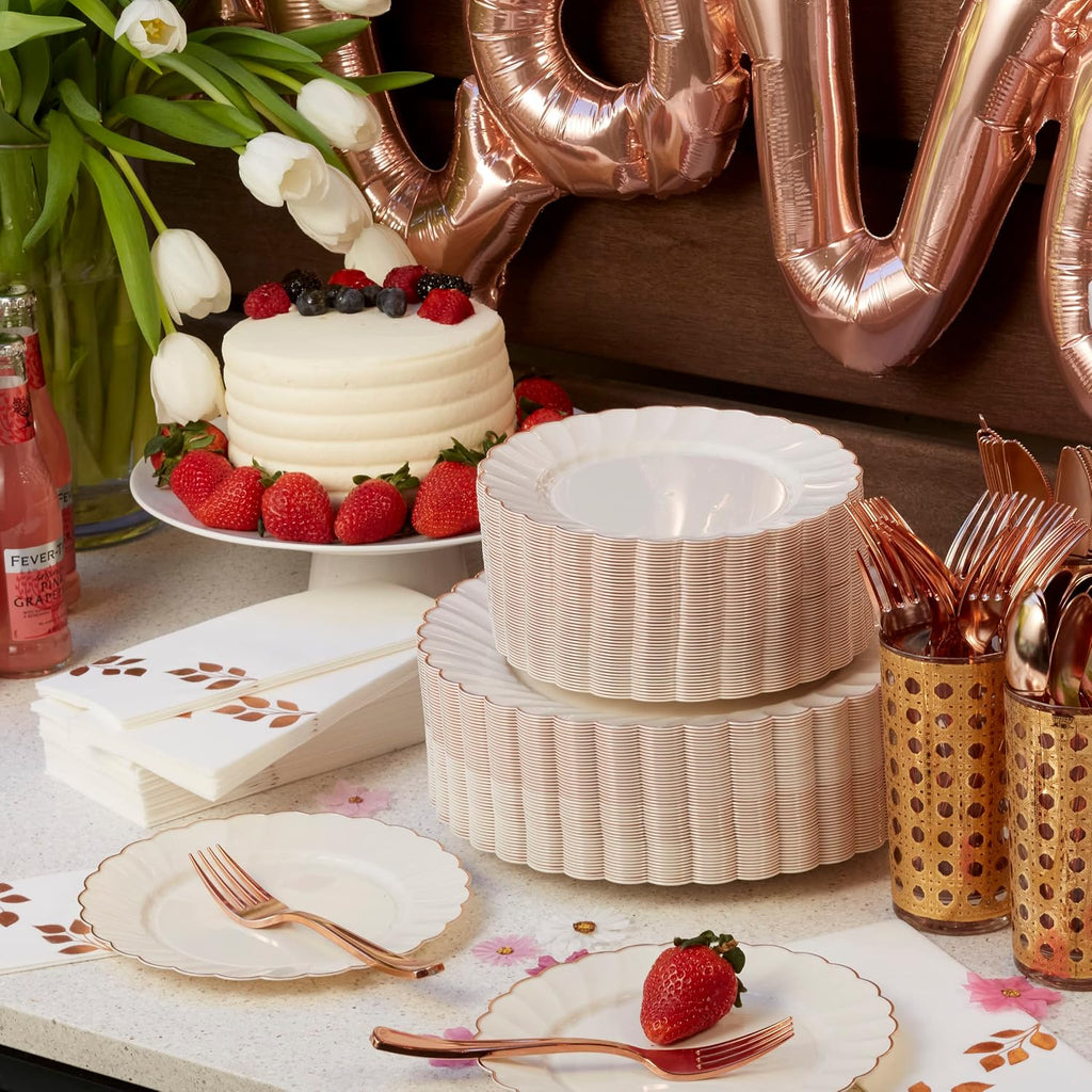 HEAVYWEIGHT Ivory Rose Gold Scalloped Disposable Dinnerware Set