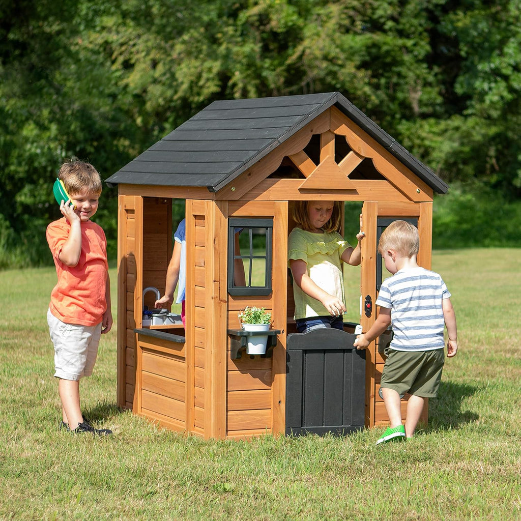 Backyard Discovery Sweetwater Cedar Wooden Kids Playhouse Cottage with Play Kitchen, Snack Bar, Half Door, Toy Phone