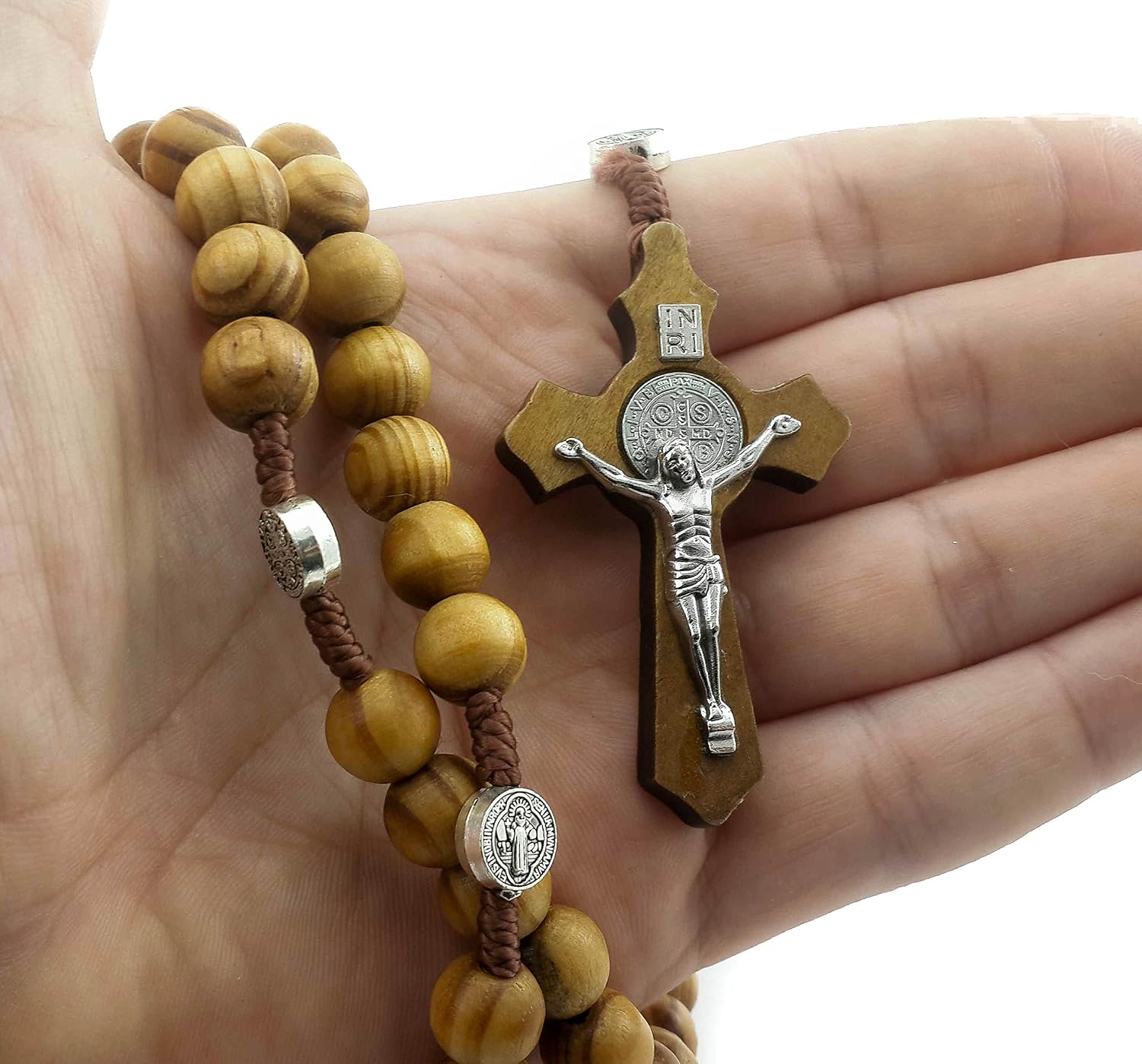 Saint Benedict Evil Protection Medal with Cross Wood Beads Rosary Necklace Nazareth Store
