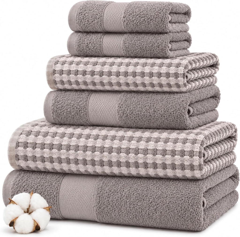 6 Piece Cotton Bath Towel Set – Ultra Soft 600 GSM Towels – Bathroom Set with Hand Towels and Washcloths – Waffle