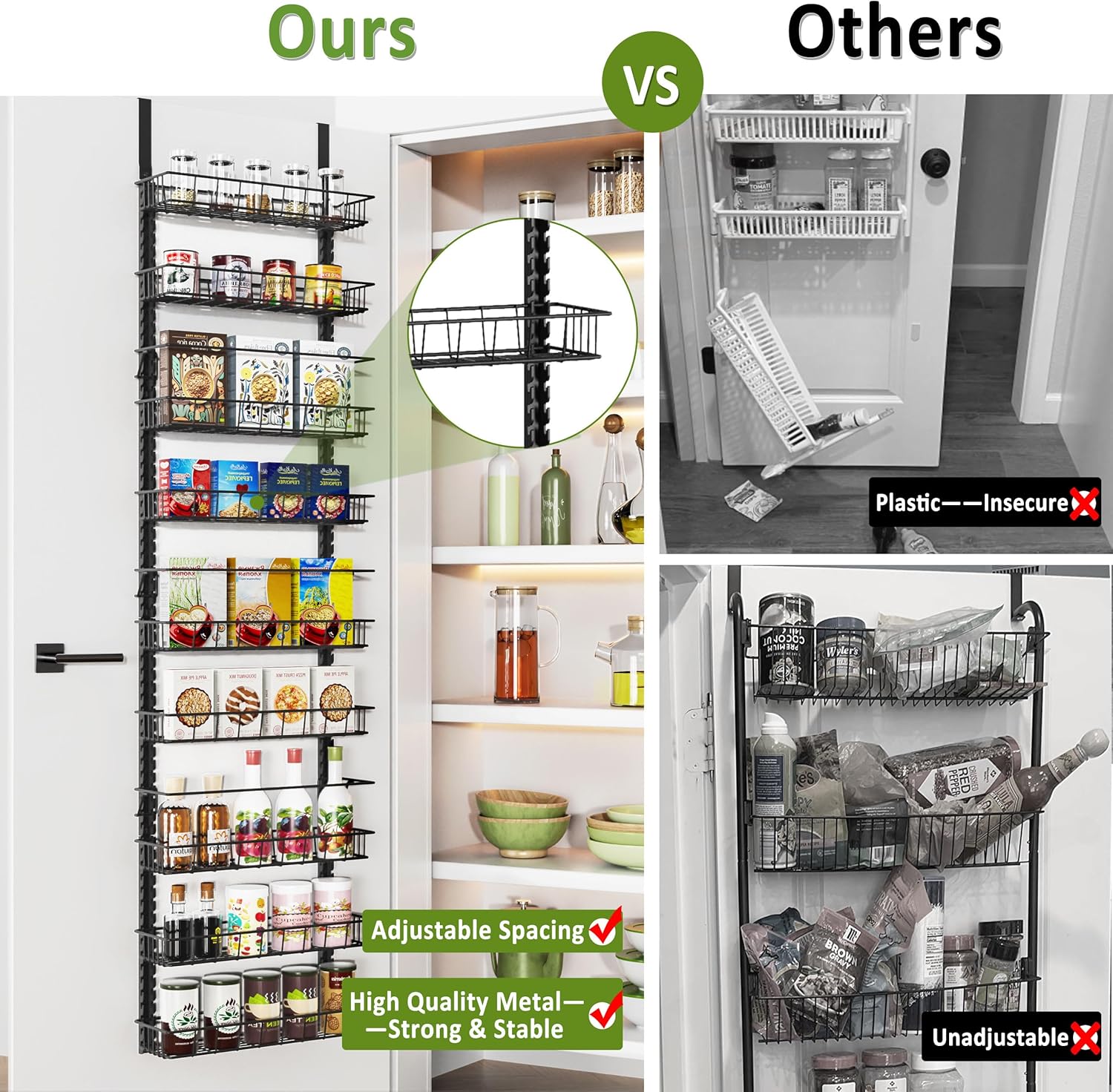 Over the Door Pantry Organizer Rack with 9 Adjustable Baskets, 9 Tiers Dual-use Hanging or Wall Mount Spice Rack