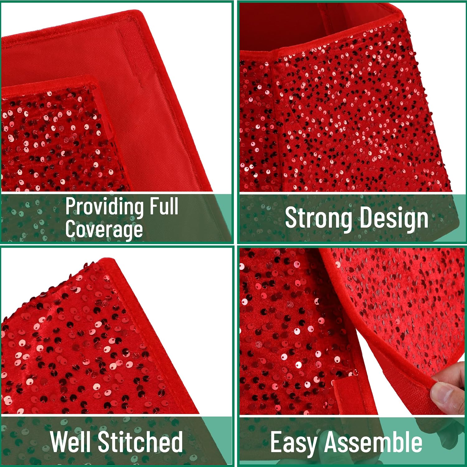 Red Sequin Christmas Tree Skirt and Tree Collar | 36 Inch Sparkly Base Cover, 24.8 Inch Foldable Sparkling Sequin