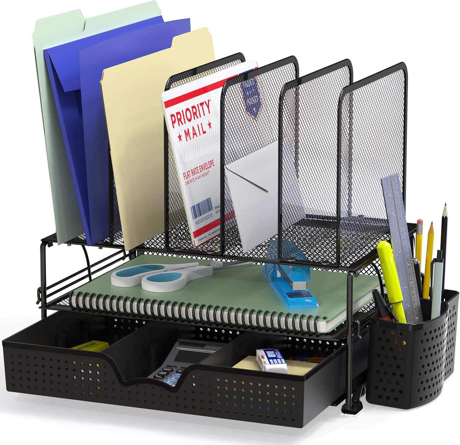 Mesh Desk Organizer with Sliding Drawer, Double Tray and 5 Upright Sections, Black
