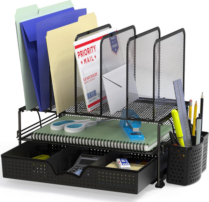 Mesh Desk Organizer with Sliding Drawer, Double Tray and 5 Upright Sections, Black