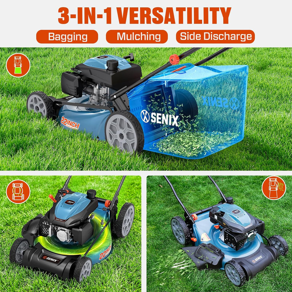 22Inch 201cc 3-in-1 Gas Lawn Mower, Rear Wheel Self-Propelled Mower | 4-Cycle Engine, Steel Deck, Mulching, Bagging