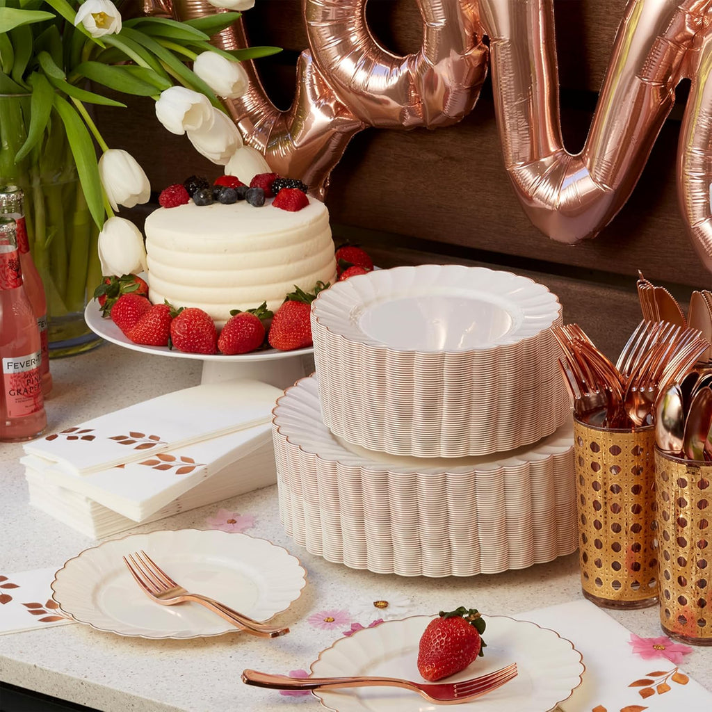HEAVYWEIGHT Scalloped Rose Gold Disposable Dinnerware Set 175 Pc
