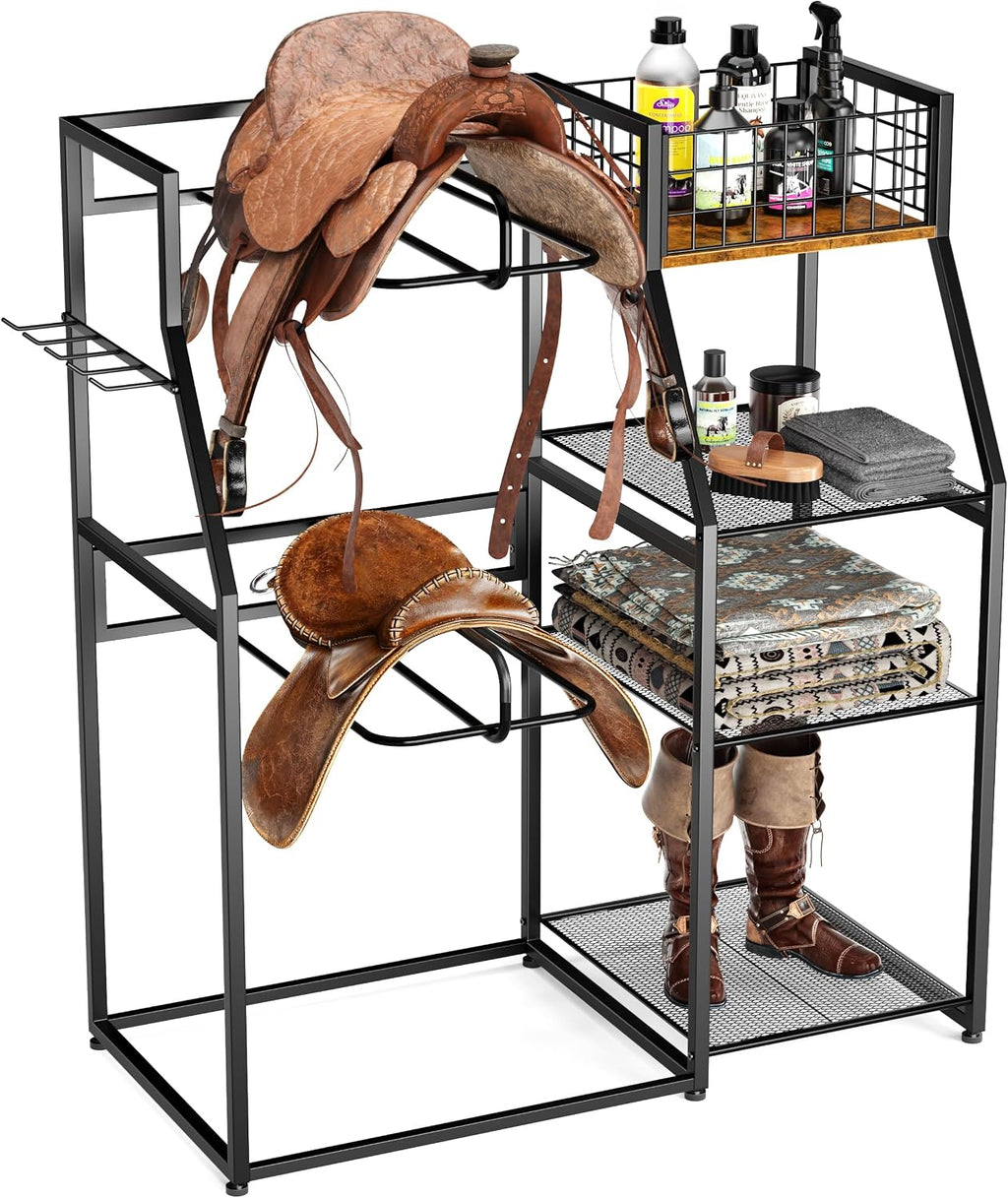 Saddle Rack with Storage, Heavy Duty Stand for Western & English Saddles