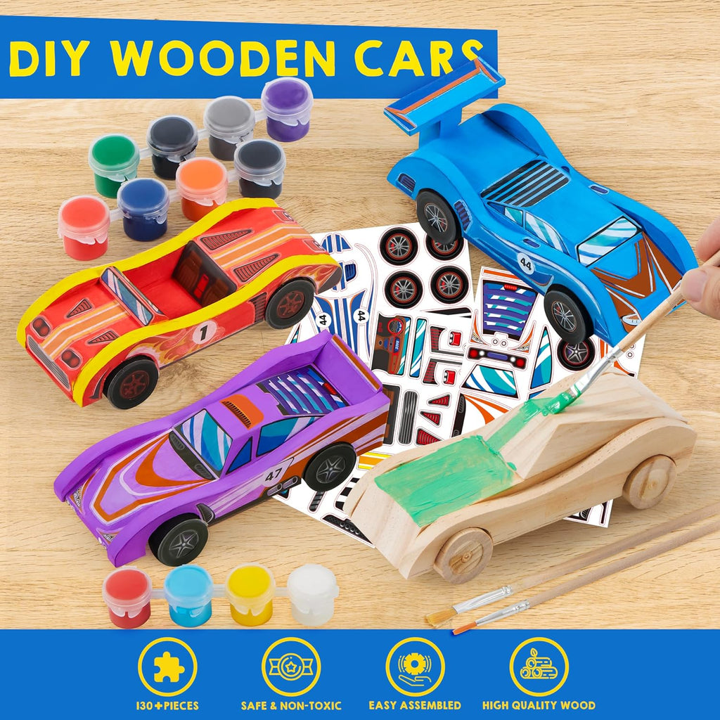 4 DIY Wooden Race Cars-Build & Paint Your Own Wood Craft Kit, 4 Race Cars Toy, Easy to Assemble Arts Crafts Kit
