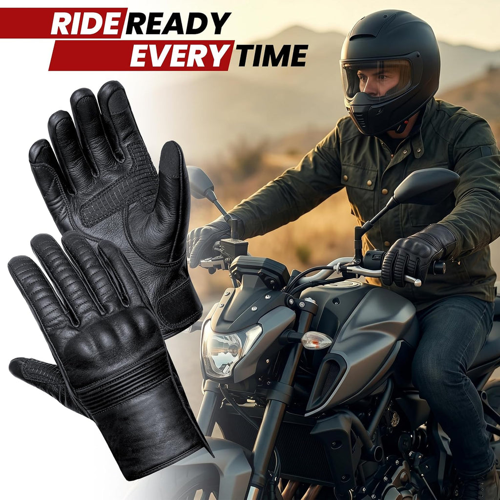 Antares Motorcycle Gloves for Men Touchscreen Full Finger Leather Gloves Protection Riding Driving Biker Glove Black