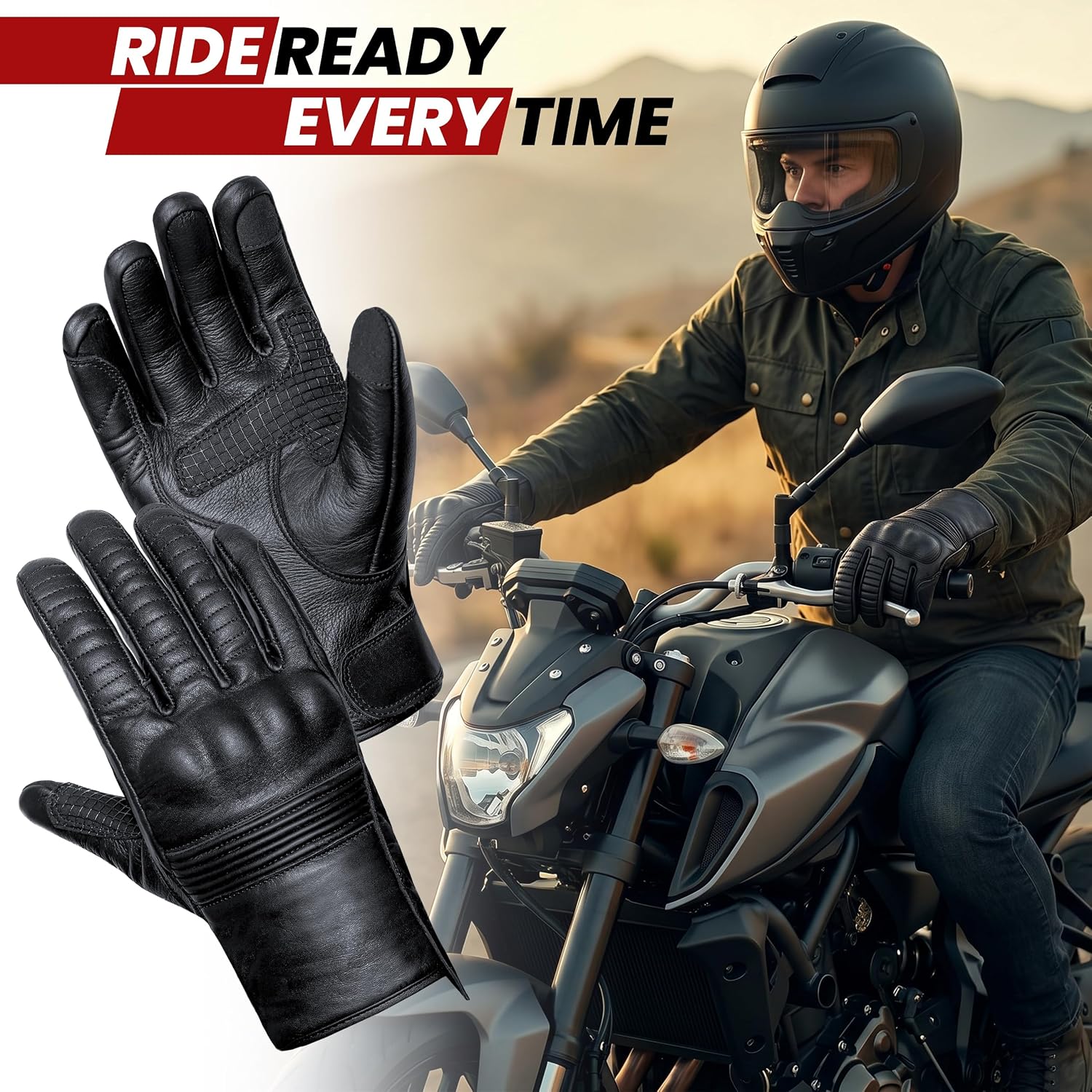 Antares Motorcycle Gloves for Men Touchscreen Full Finger Leather Gloves Protection Riding Driving Biker Glove Black
