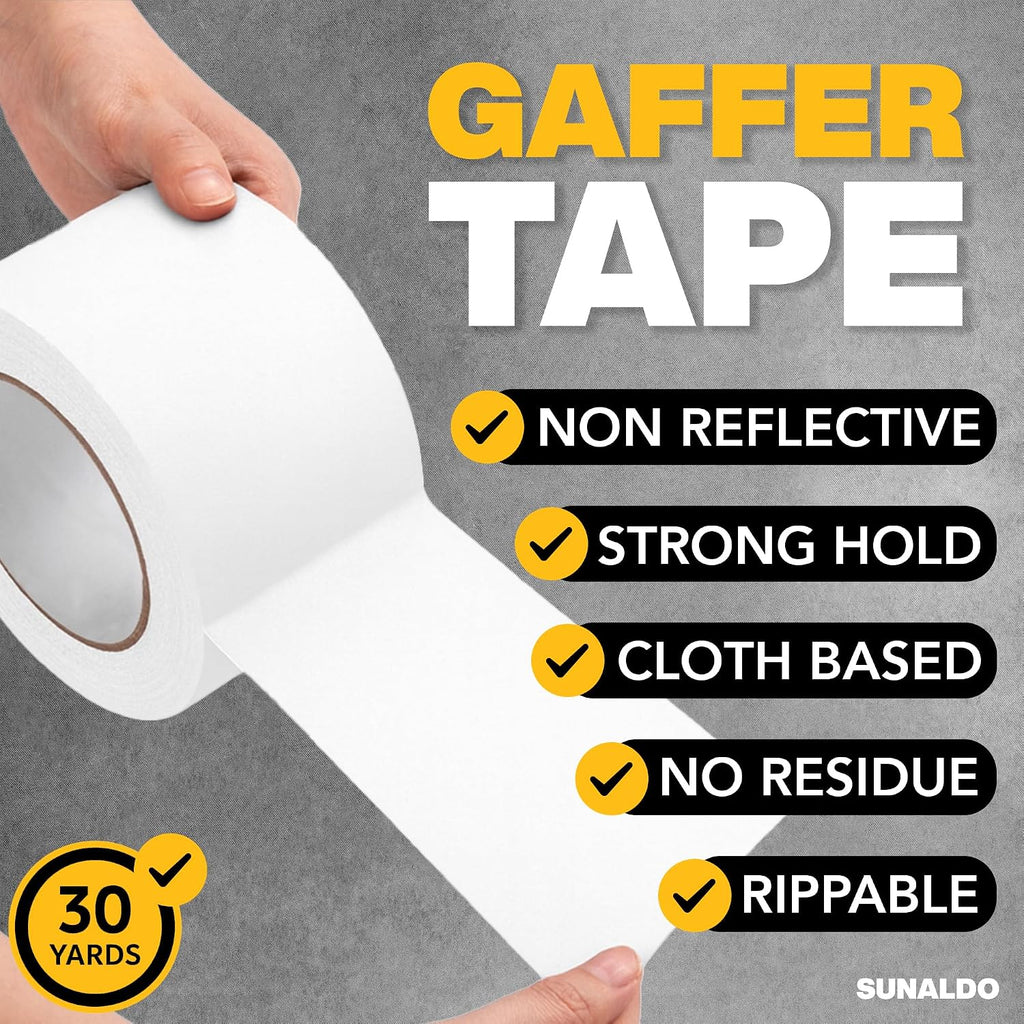 Gaffers Tape (3"x30 yards) Heavy Duty, Easy Rip, No Residue | White