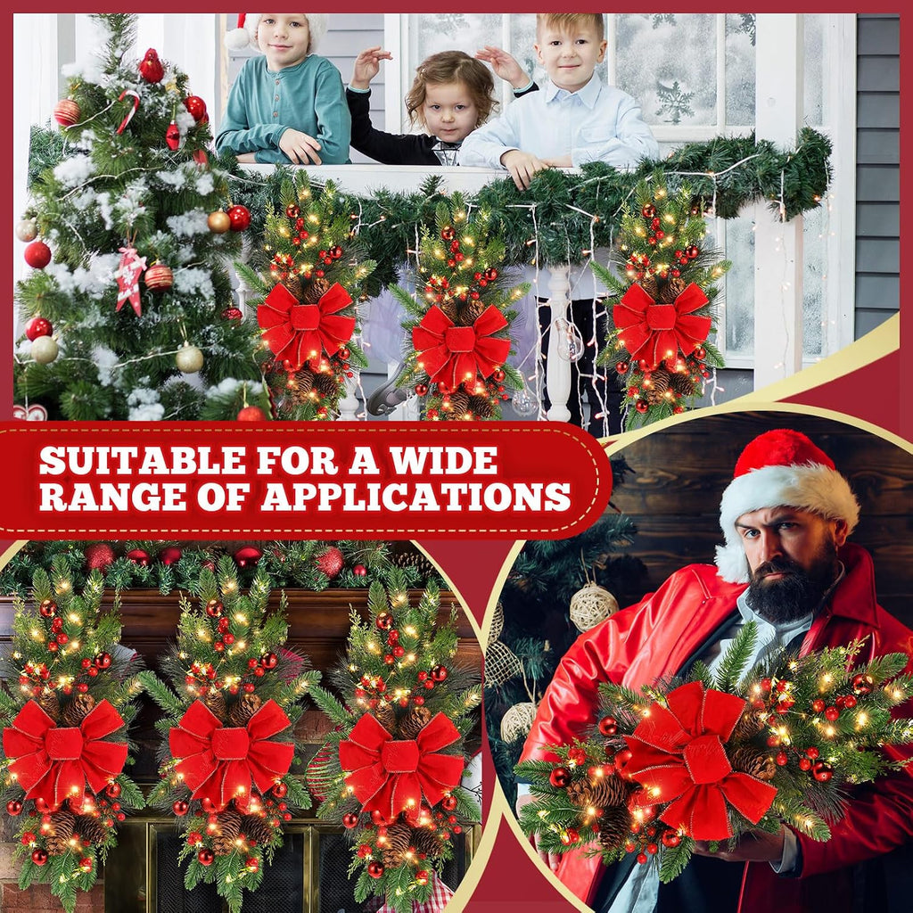 2 Pack Christmas Artificial Swags 24" Xmas The Cordless Prelit Stairway Swag Teardrop Trim Wreath Door Stair Garland