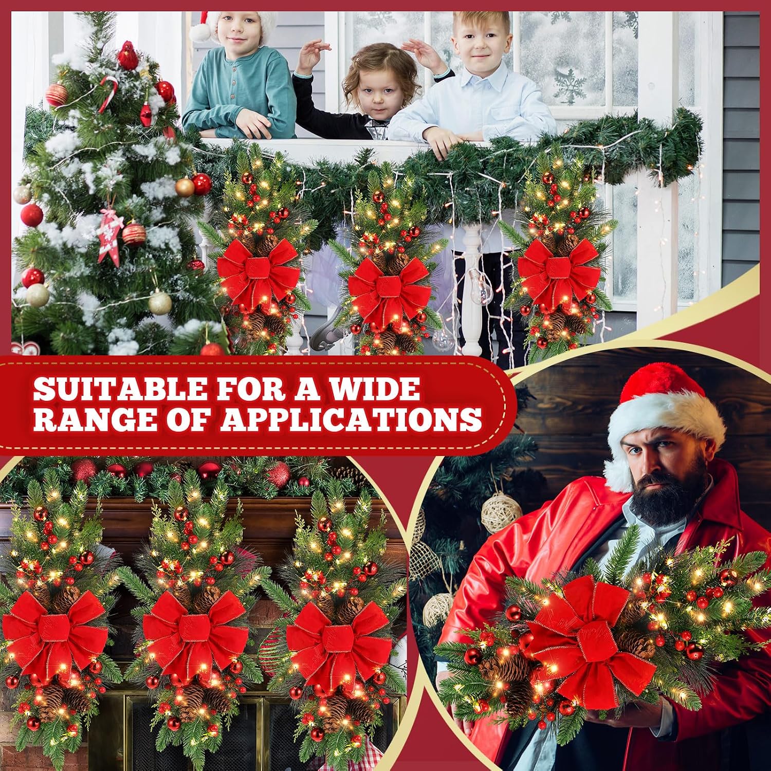 2 Pack Christmas Artificial Swags 24" Xmas The Cordless Prelit Stairway Swag Teardrop Trim Wreath Door Stair Garland