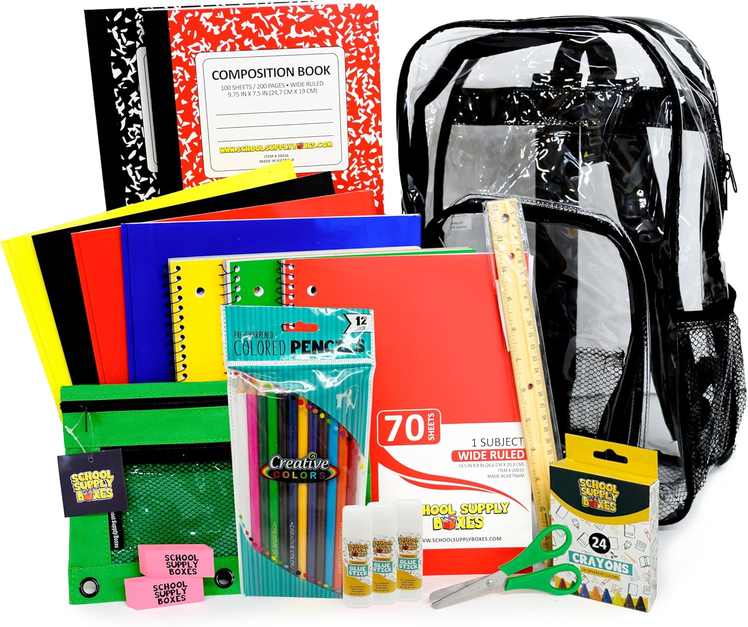 17" Clear Backpack Bundle for Elementary School | Back to School Bookbag with Supplies | Contains Crayons, Colored