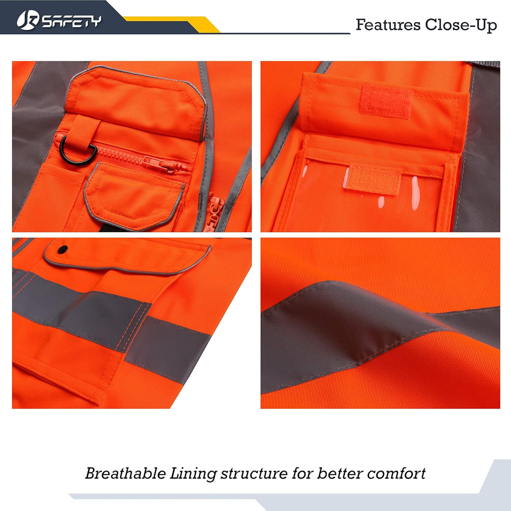 Safety Vest for Men Women Reflective Hi Vis JK150 Orange XL | ANSI Class 2, 9 Pockets, 4 Reflective Strips High