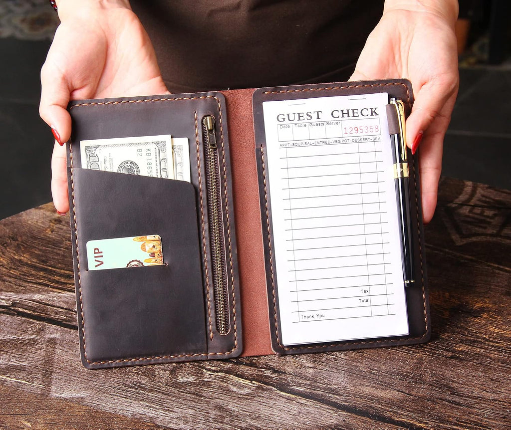 Server Book Organizer with Zipper Pocket, Genuine Leather Restaurant Guest Check Presenters Card Holder for Waitress
