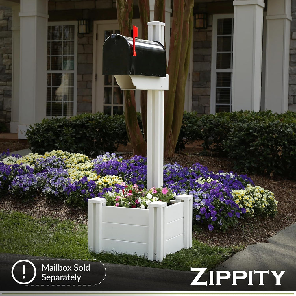 Zippity Majestic Mailbox Post w/Planter Box, White Vinyl DIY No Dig Kit | 1 Post + Planter Box, Mailbox Sold