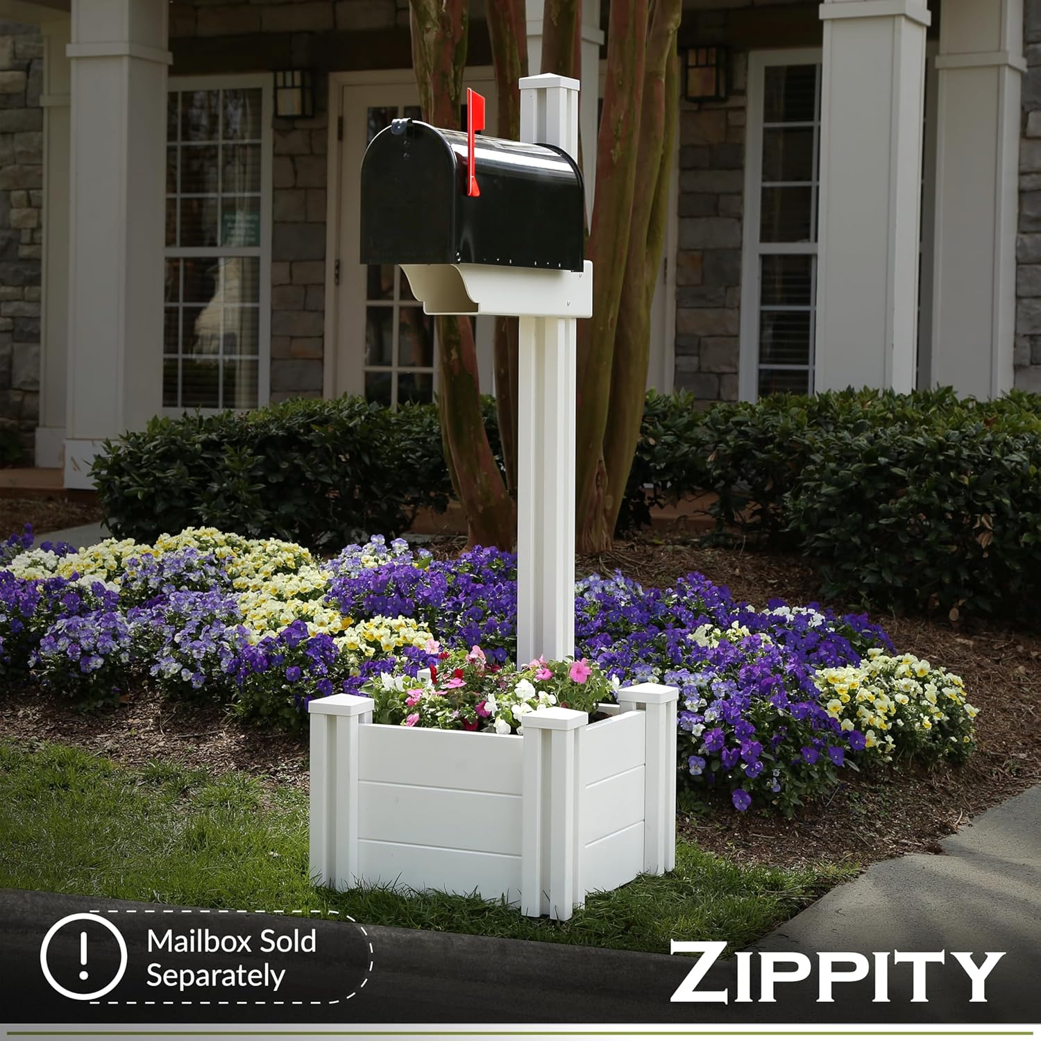 Zippity Majestic Mailbox Post w/Planter Box, White Vinyl DIY No Dig Kit | 1 Post + Planter Box, Mailbox Sold