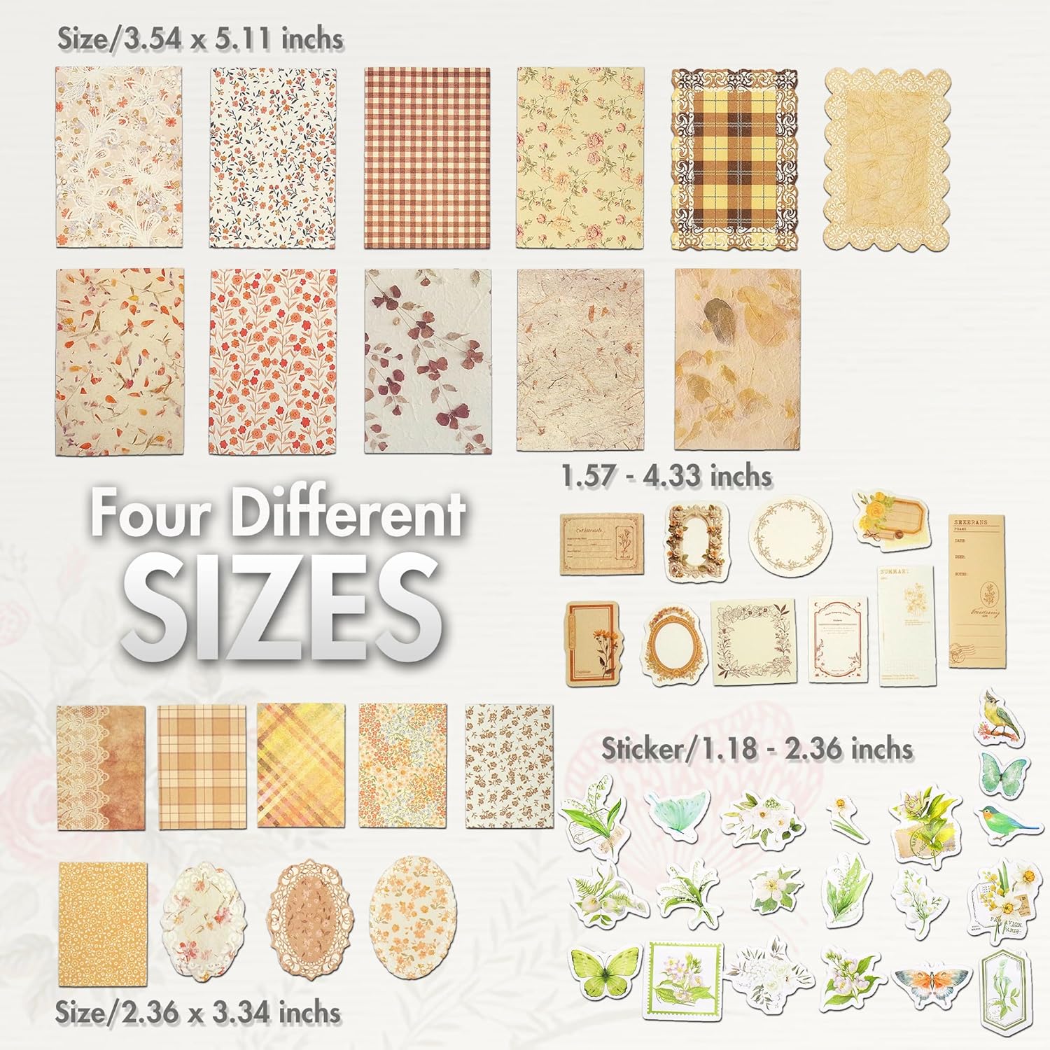 Vintage Floral Scrapbook Paper & Journaling Stickers (400pcs) Assorted Set - 4 Pack Junk Journal Supplies for Bullet
