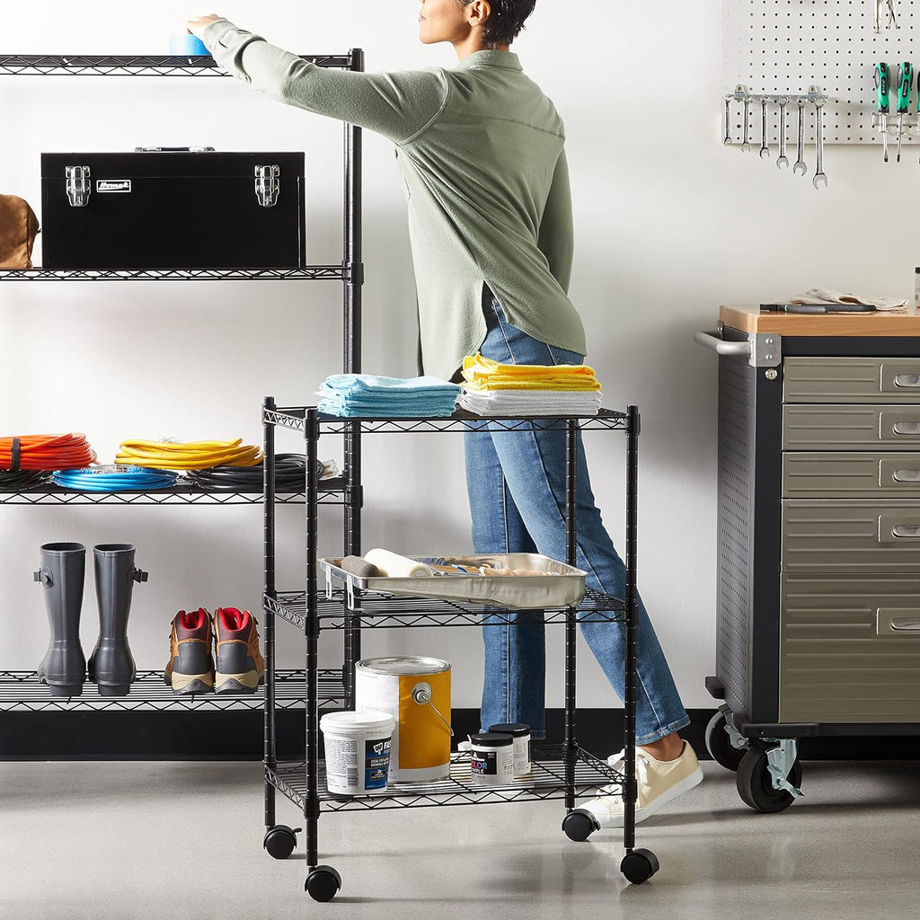 3-Shelf Adjustable Heavy Duty Storage Shelving Unit on 2" Wheels, Metal Wire Rack for Garage, Utility Shelving with