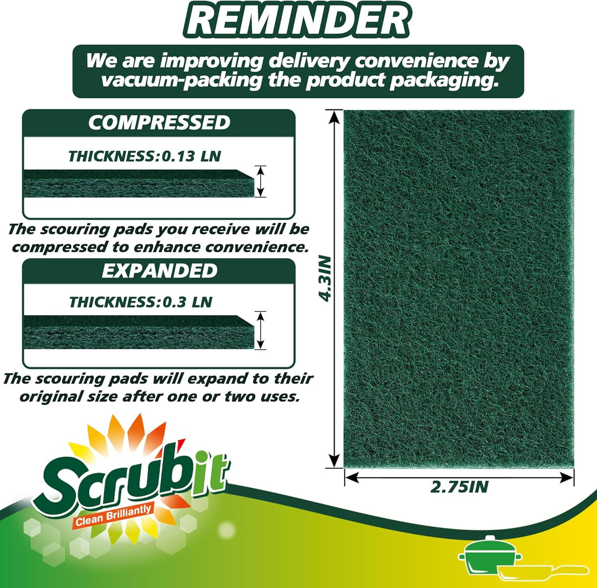Scouring Pads - Heavy Duty Scrub Pads for Cleaning Dishes - Non-Scratch - Reusable - Green (50, Green)