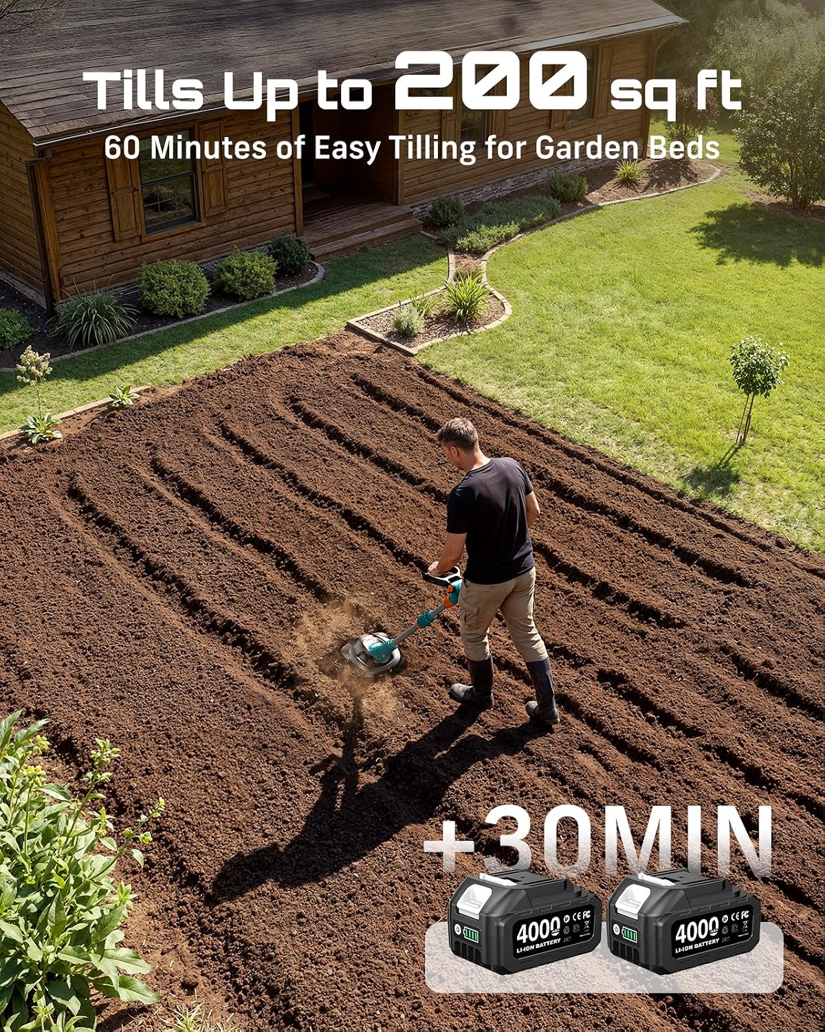 Cordless Tiller Cultivator, 20V Electric Tiller for Gardening | 360RPM, 2 x4.0Ah Batteries, 9" Width 6.6" Depth
