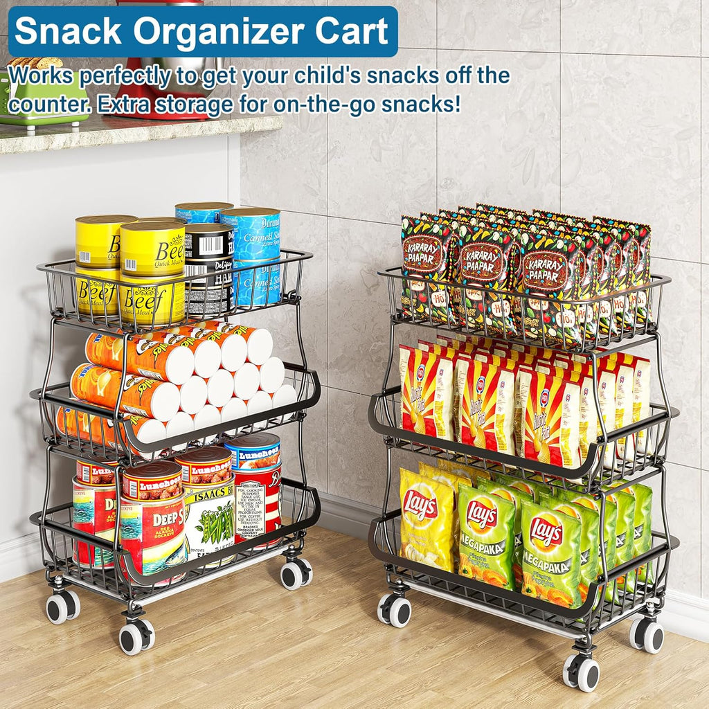 3-Tier Rolling Pantry Floor Organizer and Storage Cart with Wheels, Stackable Wire Pantry Baskets for Pantry Shelves