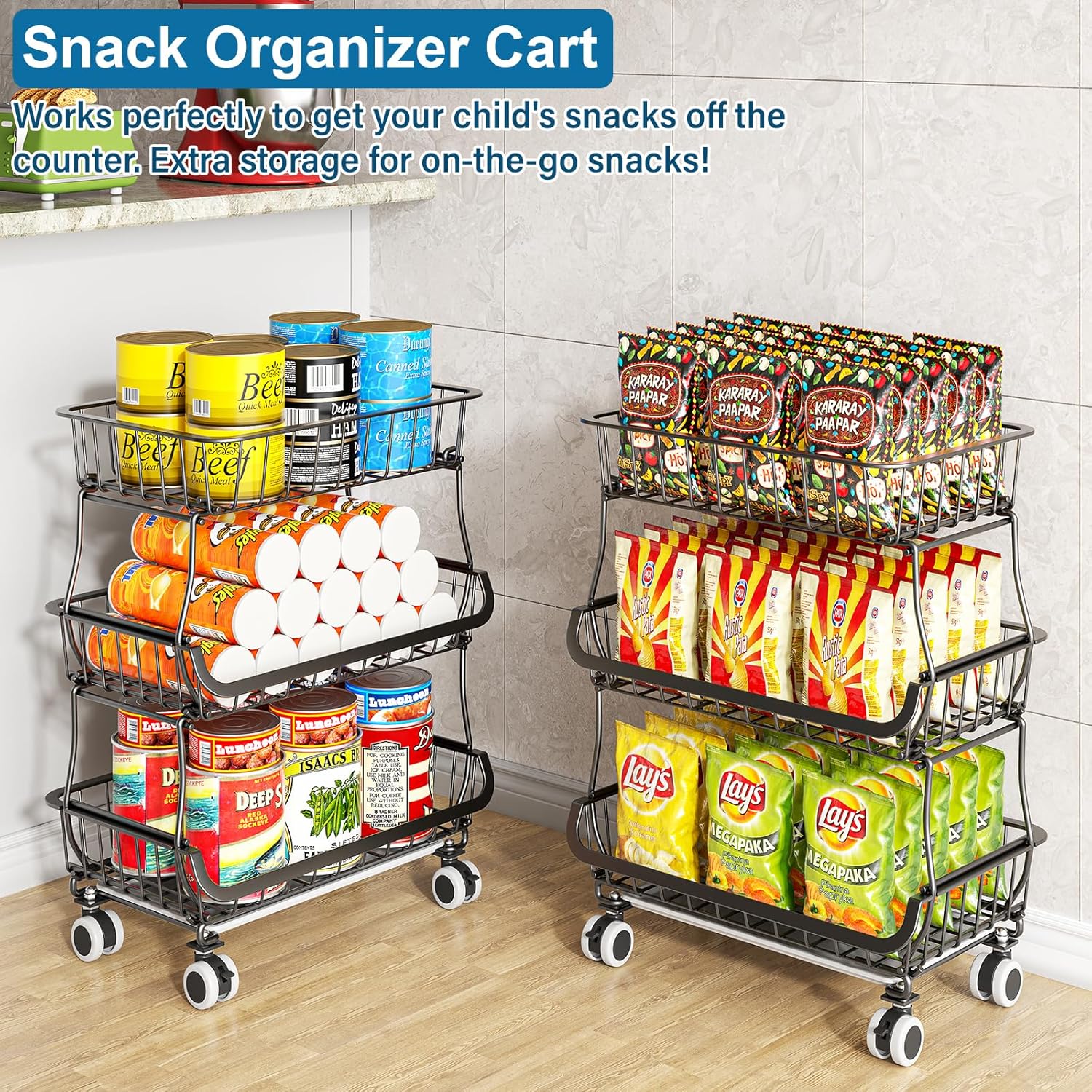 3-Tier Rolling Pantry Floor Organizer and Storage Cart with Wheels, Stackable Wire Pantry Baskets for Pantry Shelves