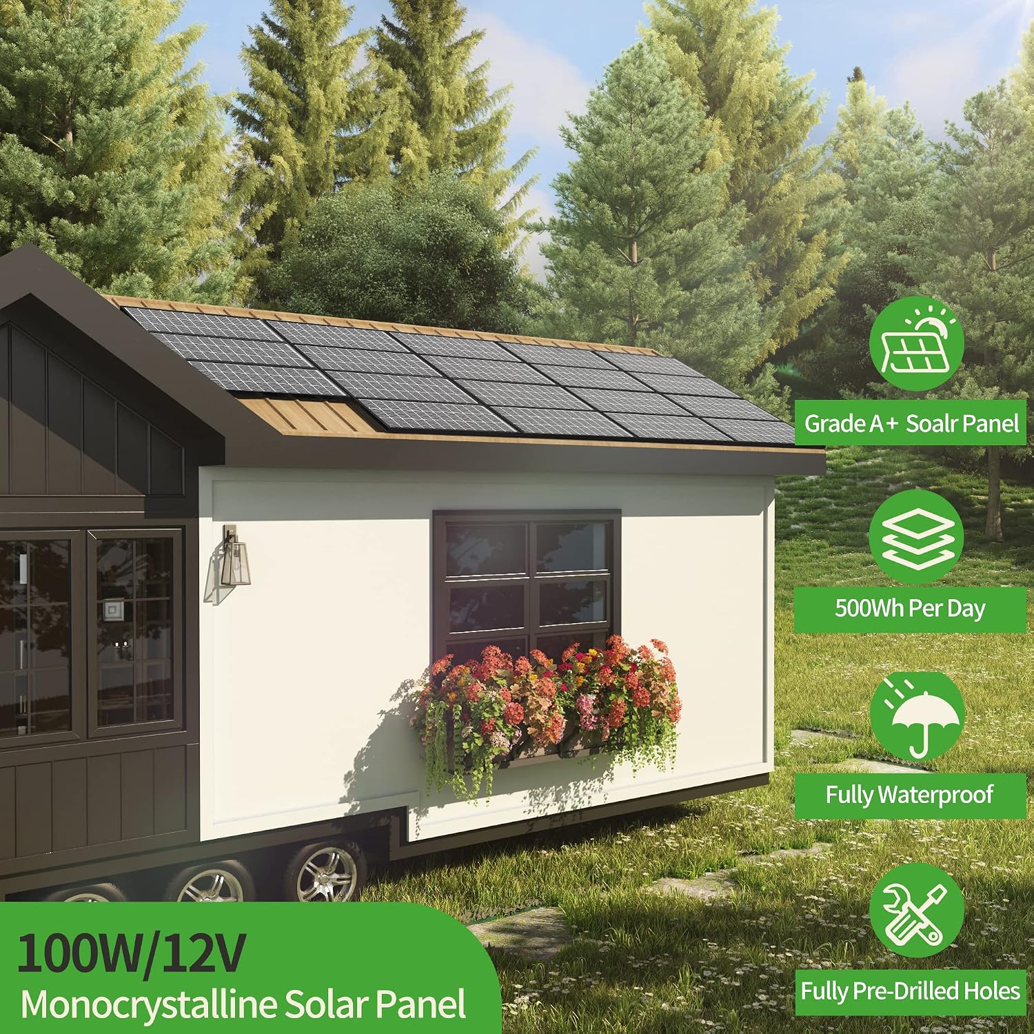 200 Watt Solar Panels, 10BB Monocrystalline 12V 2PCS 100W Solar Panel, 23% High Efficiency PV Module Power Charger