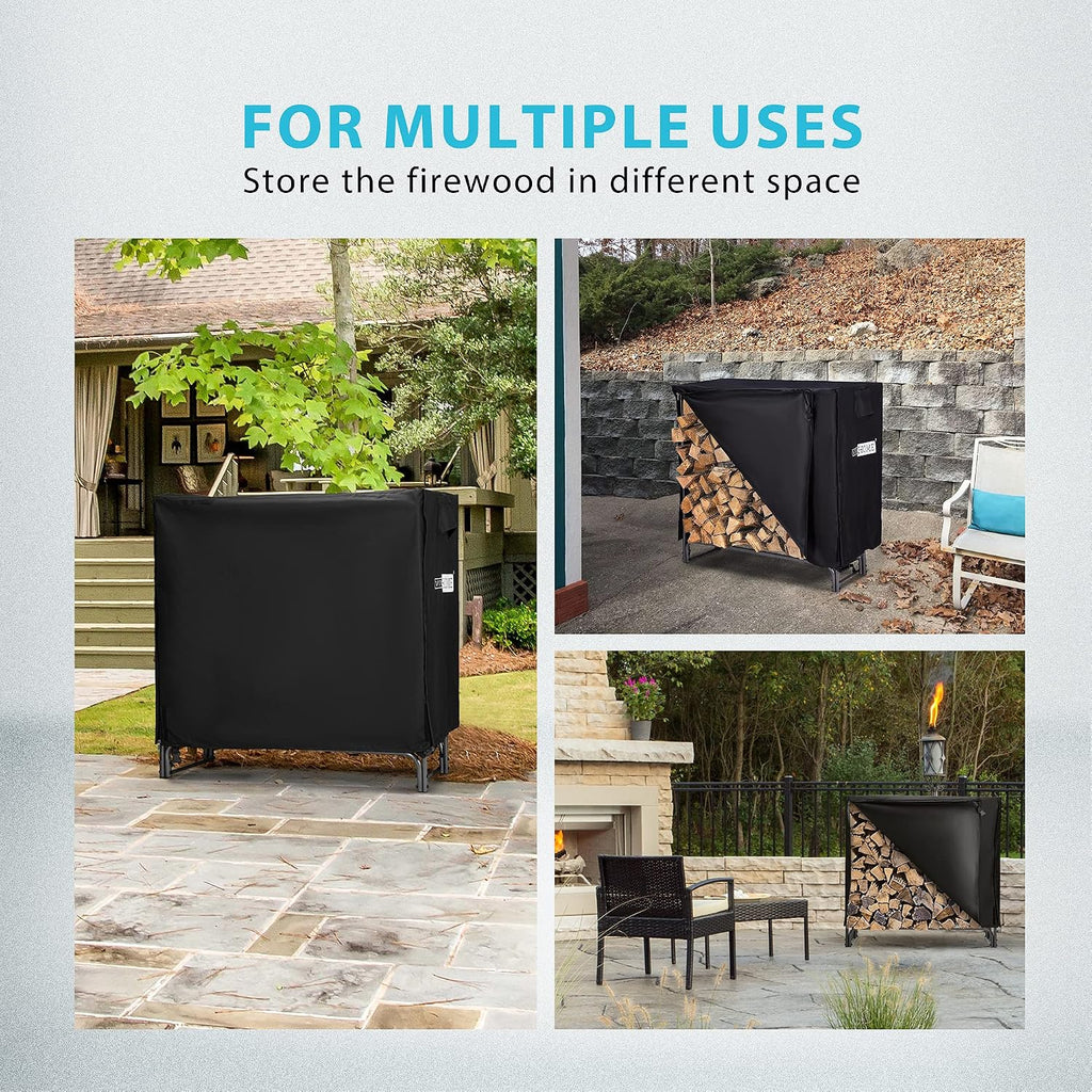 4 ft Heavy Duty Firewood Rack Outdoor with Cover, Black | Fire Wood Storage Rack, Log Holder and Cover Combo Set with
