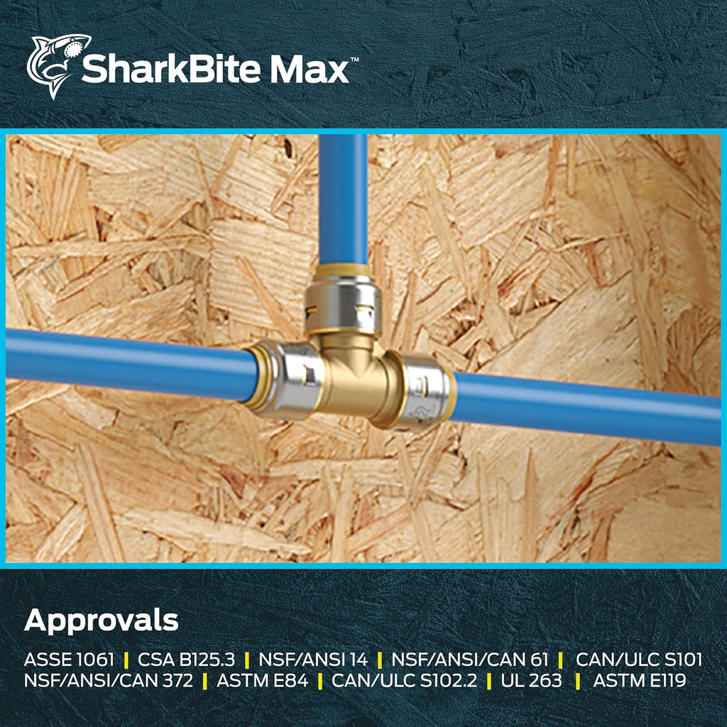 SharkBite Max 1/2 Inch Tee, Push to Connect Brass Plumbing Fitting, PEX Pipe, Copper, CPVC, PE-RT, HDPE, UR362A