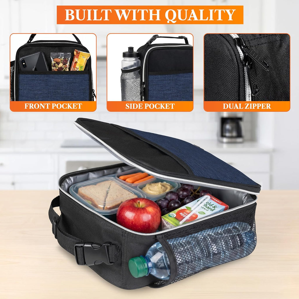 Insulated Lunch Bag for Kids Boys Girls, Small Compact Lunch Box with Wide Opening & Mesh Pockets, Reusable Lunch
