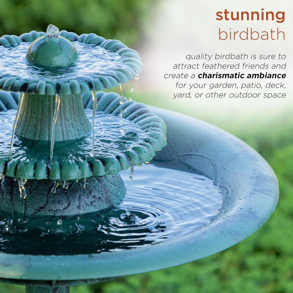 35" Tall 3-Tier Outdoor Pedestal Water Fountain – Durable Resin Cascading Water Feature and Birdbath for Garden